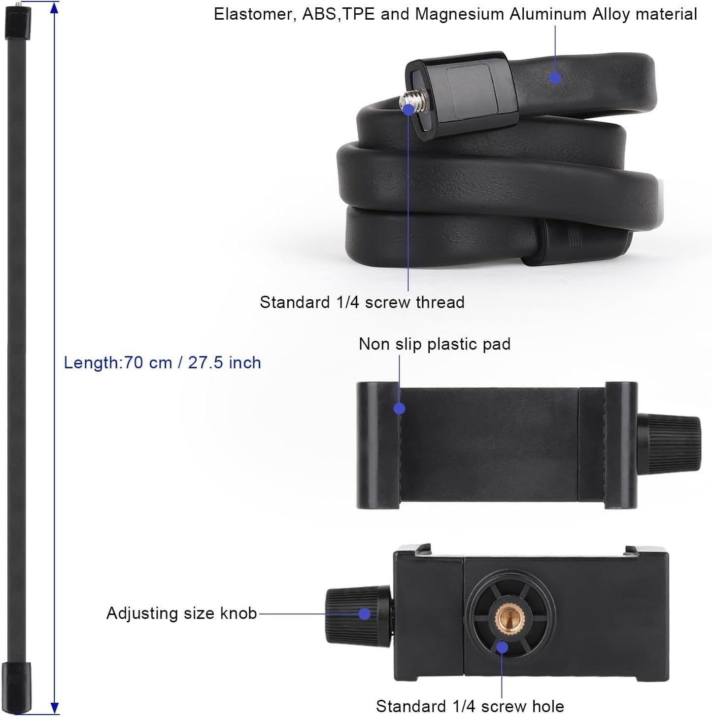 Portable Flexible Cell Phone Holder Stand for Treadmill/Stroller/Elliptical/Car/Bike/Shopping Cart,Compatible with 3.5~7.5" iPhone/Smartphone, 27.5 inch/70cm Long Arm for Cellphone