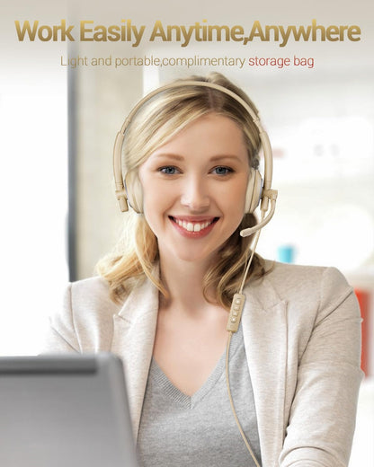 USB Headset with Microphone for PC Laptop - Headphones with Noise Cancelling Microphone for Computer,On-Ear Wired Office Call Center Headset for Boom Skype Webinars,Lightweight-Apricot