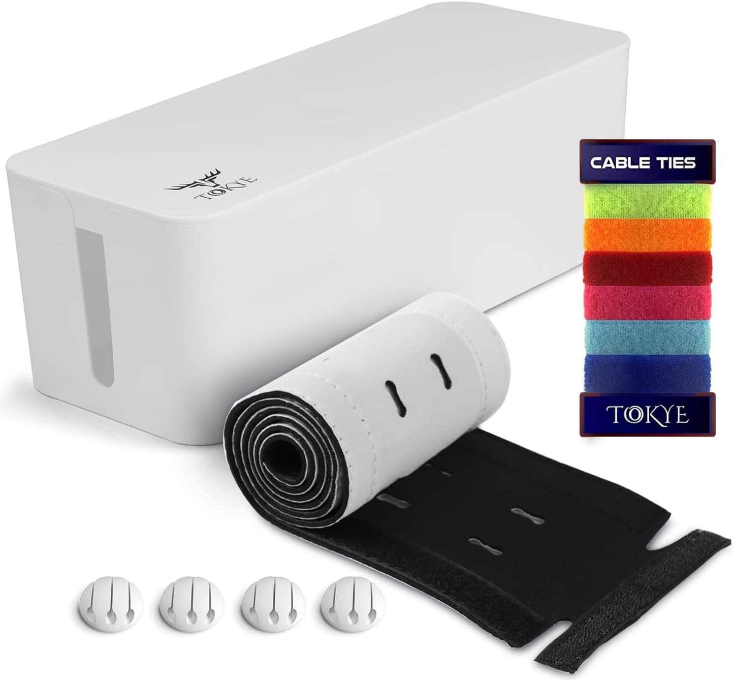 Large Cable Management Box, Cord Organizer to Hide Power Strip, Extension Cord, Surge Protector | Cord Hider Safe Box for Desk Organizers, Gaming PC, Computer, TV | White, Black Edition by Tokye®