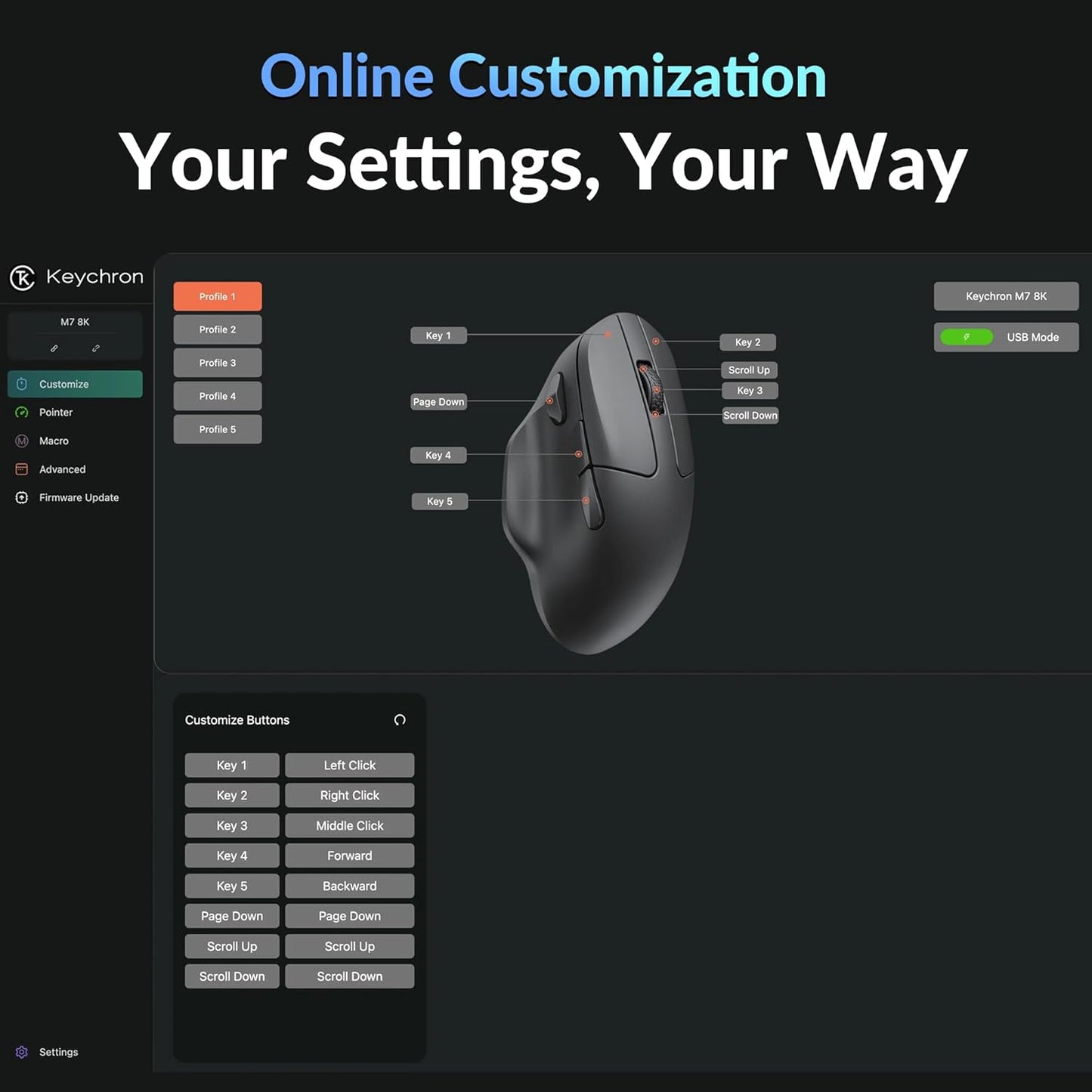 Keychron M7 8K Wireless Mouse, 30K DPI Optical Computer Mice, 2.4 GHz/Bluetooth/Wired with Macro Button 66g Lightweight Ergonomic, Up to 140 Hours Worktime for Laptop macOS/Windows - Black