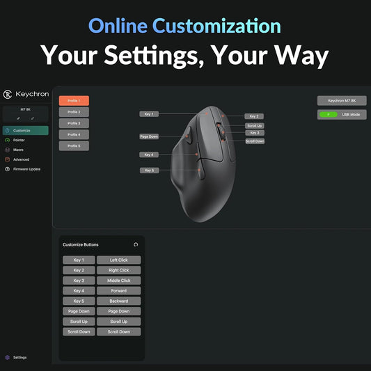 Keychron M7 8K Wireless Mouse, 30K DPI Optical Computer Mice, 2.4 GHz/Bluetooth/Wired with Macro Button 66g Lightweight Ergonomic, Up to 140 Hours Worktime for Laptop macOS/Windows - Black