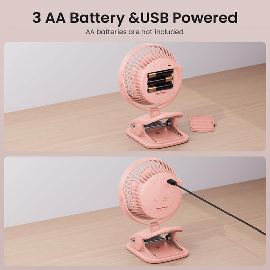 Shinebella AA Battery Powered Clip on Fan with 4-Speed, 5’’ Small Desk Fan with Aroma Function, USB Powered, 360°Rotation, Ultra Quiet, for Golf Cart, Stroller, Bedroom,Car(Batteries Not Included)