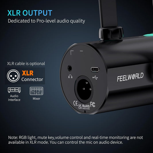 FEELWORLD PM1 XLR USB Dynamic Microphone with Desktop Stand Gifts for Podcast Recording PC Computer Gaming Live Streaming Vocal Voice-Over, Studio Metal Mic, RGB Light, Mute Button, Headphones Jack