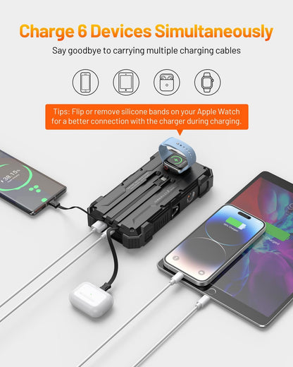 GOODaaa Solar Power Bank, 42800mAh Portable Charger 20W Fast Charging External Battery Pack Built in 4 Cables, Wireless Charging Power Bank for Apple Watches with Flashlight, Carabiner,Thermometer