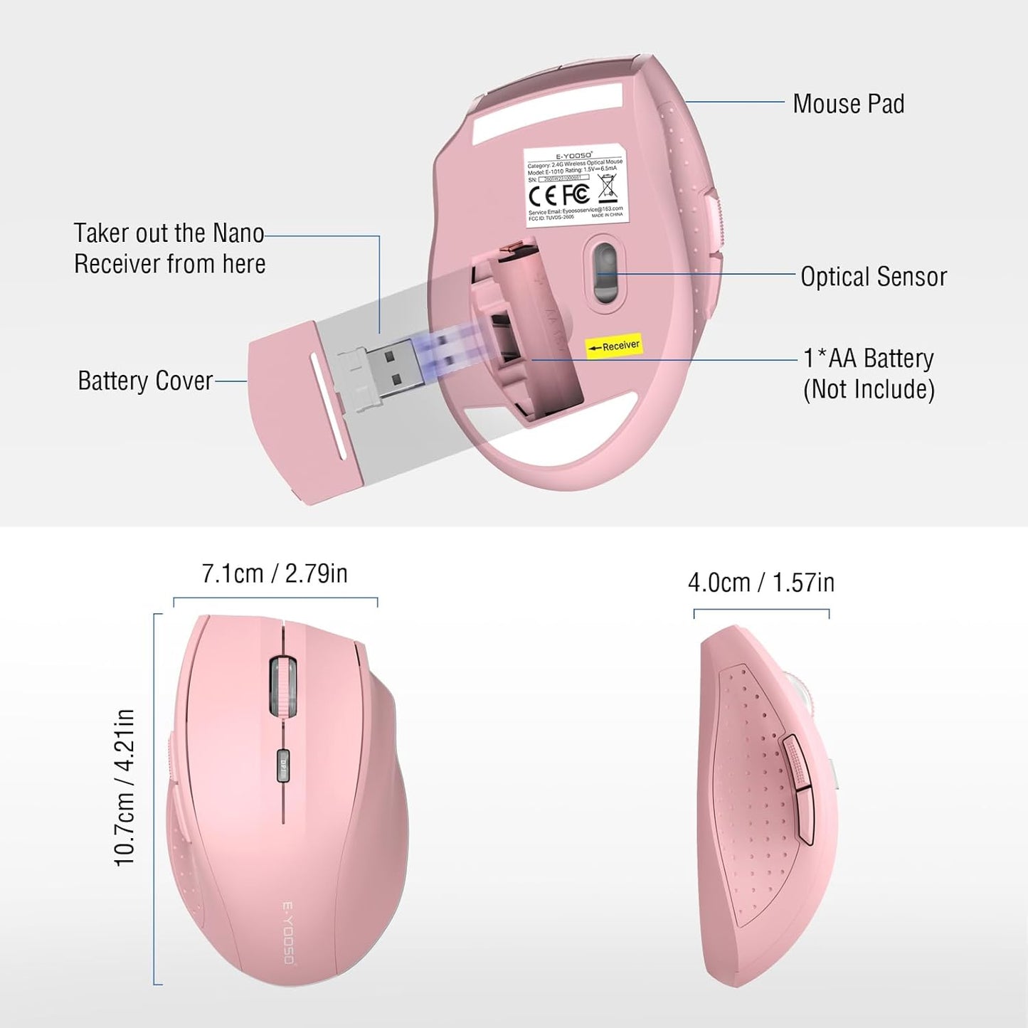 E-YOOSO Wireless Mouse for Laptop, Portable Optical Computer Mouse, 6 Buttons, Cordless 2.4GHz with USB Receiver, 5-Level 4800 DPI, 18 Months Battery Life, for PC, Chromebook, Windows, Mac(Pink)