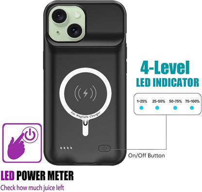 Battery Case for iPhone 15, Upgraded 10000mAh Rechargeable Portable Charging Case with Wireless Charging Compatible for iPhone 15 (6.1 inch) with Carplay Extended Battery Pack Charger Case (Black)