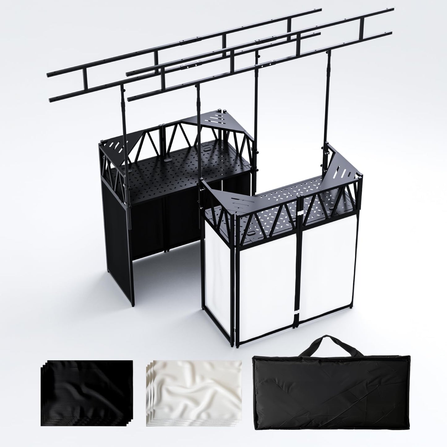 Portable DJ Booth,Foldable DJ Table Stand with Light Stand White & Black Scrim,Adjustable DJ Facade Booth Station Triangle Plate Metal Frame DJ Table with Cable Hole for Private Events, Clubs, Bars
