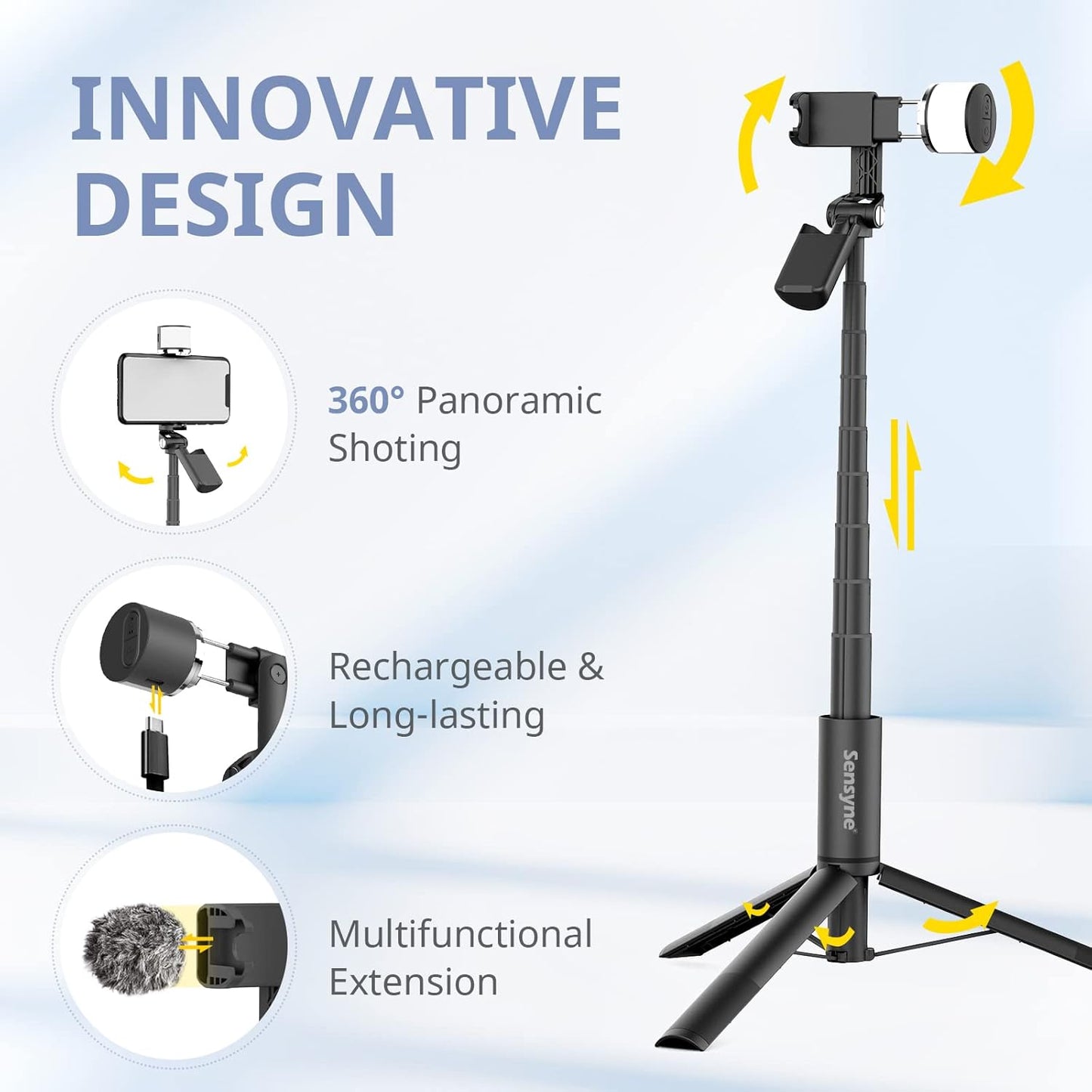 Sensyne Selfie Stick with Light, Phone Tripod with 360° Rotatable Handle Compatible with Cellphones for Selfies/Photography/Video Calls/Live Stream/Content Creating (Black)