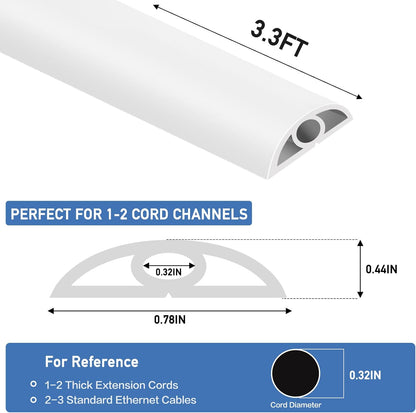 Floor Cord Cover Self Adhesive Cord Hider Floor Extension Cord Covers for Floor Power Cord Protector Cable Management Prevent Cable Trips Cable Cavity 0.32" W x 0.32" H (White, 3.3Ft)