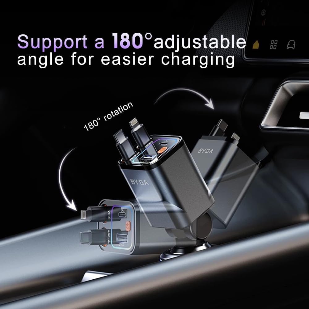 Fast Charger 4 in 1 Retractable Car Charger 69W with Starry Light,USB-C Fast Car Accessories,Compatible with All iPhones All Android Phones (Grey, Lightning & USB-C/Without Starry)