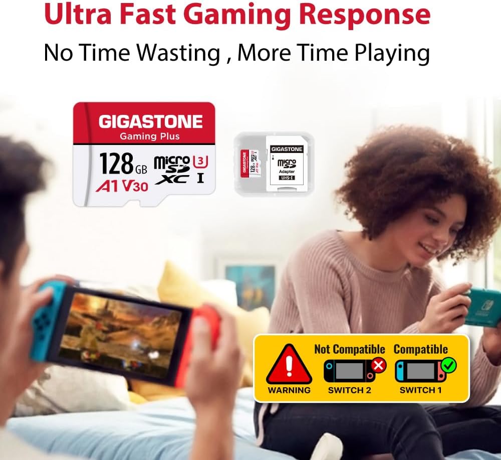 GIGASTONE Micro SD Card 128GB 5-Pack, Gaming Plus, MicroSDXC Memory Card for Nintendo-Switch 1, Security Camera, Dash Cam, UHS-I U3 A1 Class 10, up to 100MB/s, with MicroSD to SD Adapter