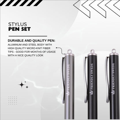 The Friendly Swede Mesh Tip Stylus Pen for Touchscreen — 3-Pack Micro-Knit Capacitive Stylus Pen for iPad & iPhone with 3 Replaceable Fiber Tips, Elastic Lanyards & Screen Cleaning Cloth