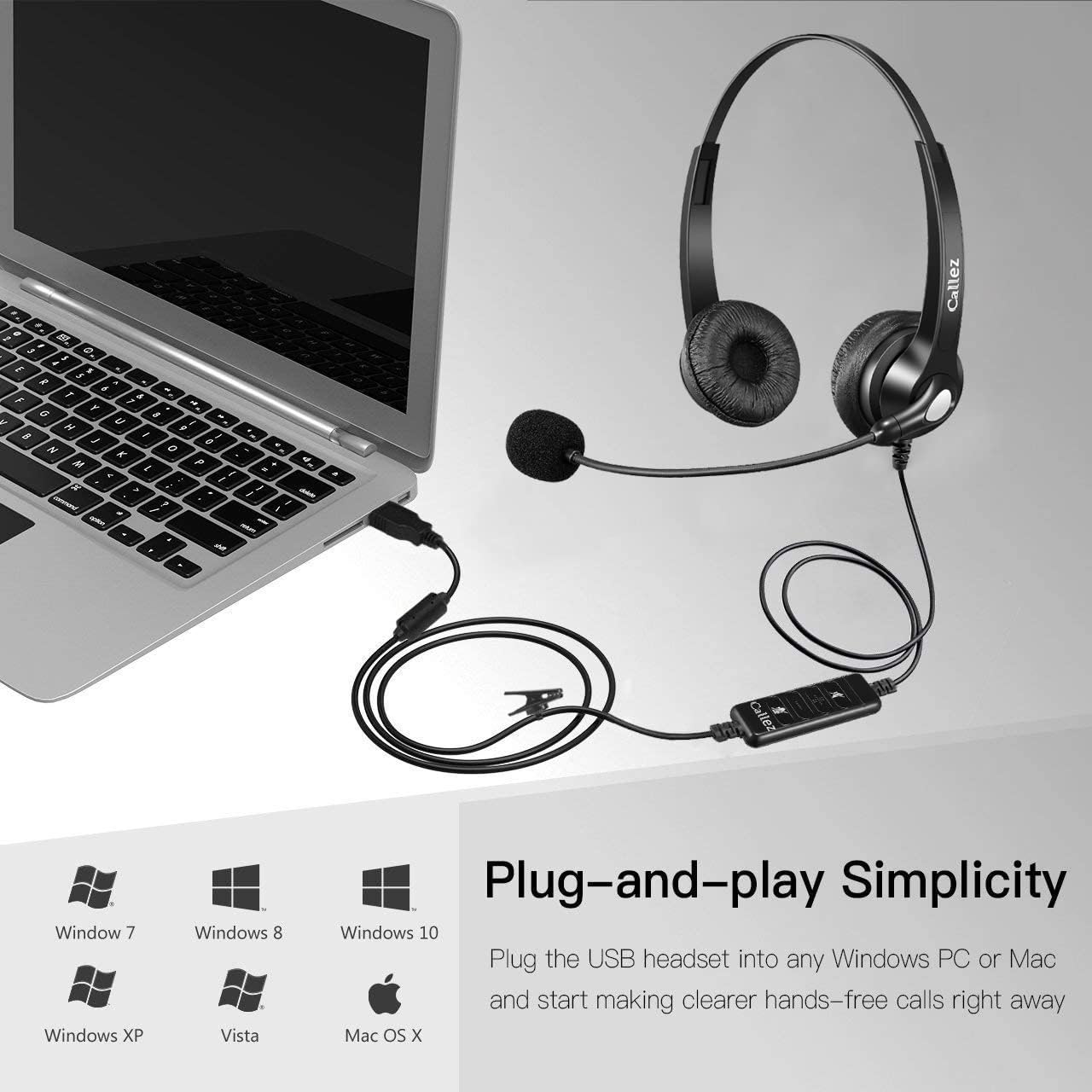 USB Headset with Microphone Noise Cancelling & Audio Controls, Stereo Computer Headphones for Business Skype UC Lync Softphone Call Center Office, Clearer Voice, Super Light, Ultra Comfort