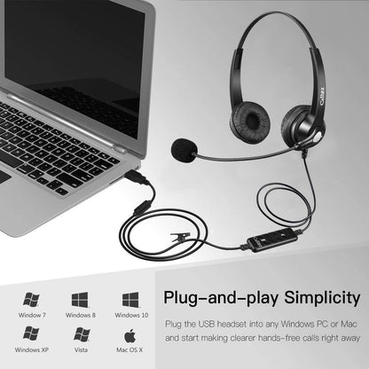 USB Headset with Microphone Noise Cancelling & Audio Controls, Stereo Computer Headphones for Business Skype UC Lync Softphone Call Center Office, Clearer Voice, Super Light, Ultra Comfort