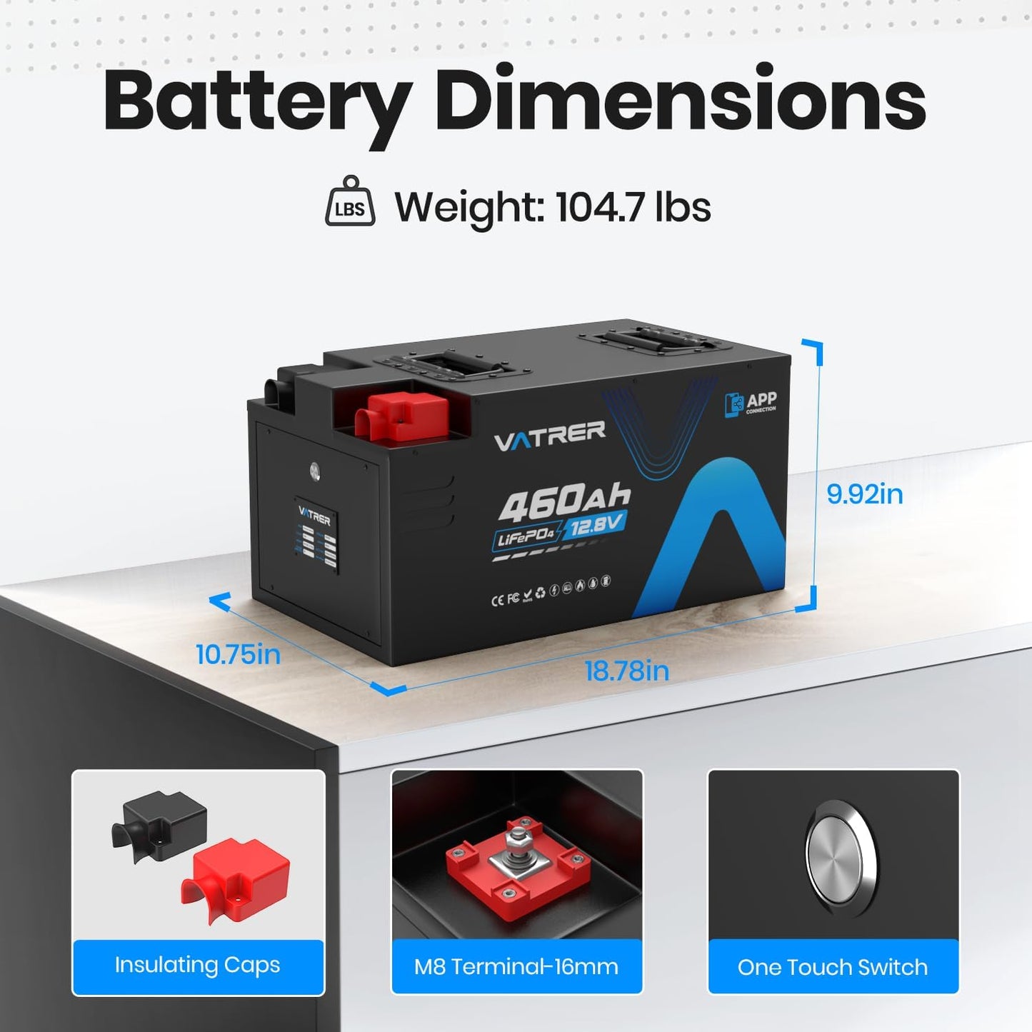12.8V 460Ah Low Temp Cutoff LiFePO4 RV Battery, APP Monitoring, Built-in 300A BMS, Max. 3840W Load Power, 5880Wh Usable Energy, VATRER POWER 5000+ Cycles Lithium Battery, Perfect for RV, Motorhomes