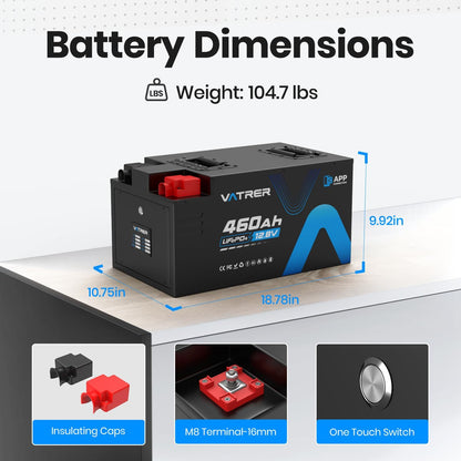 12.8V 460Ah Low Temp Cutoff LiFePO4 RV Battery, APP Monitoring, Built-in 300A BMS, Max. 3840W Load Power, 5880Wh Usable Energy, VATRER POWER 5000+ Cycles Lithium Battery, Perfect for RV, Motorhomes