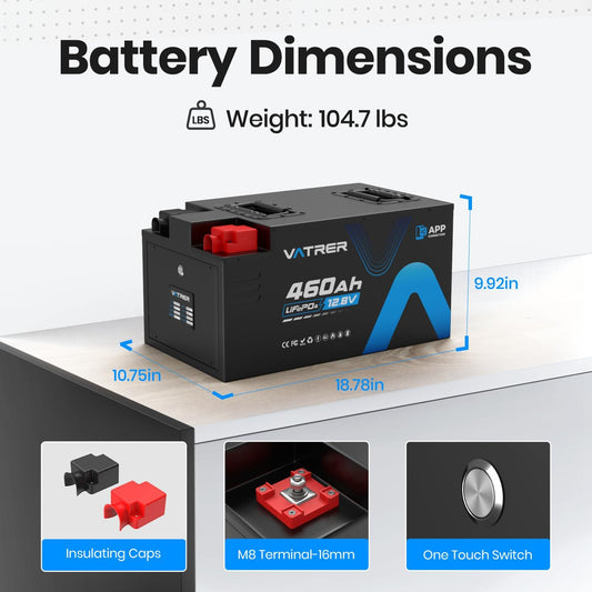 12.8V 460Ah Low Temp Cutoff LiFePO4 RV Battery, APP Monitoring, Built-in 300A BMS, Max. 3840W Load Power, 5880Wh Usable Energy, VATRER POWER 5000+ Cycles Lithium Battery, Perfect for RV, Motorhomes