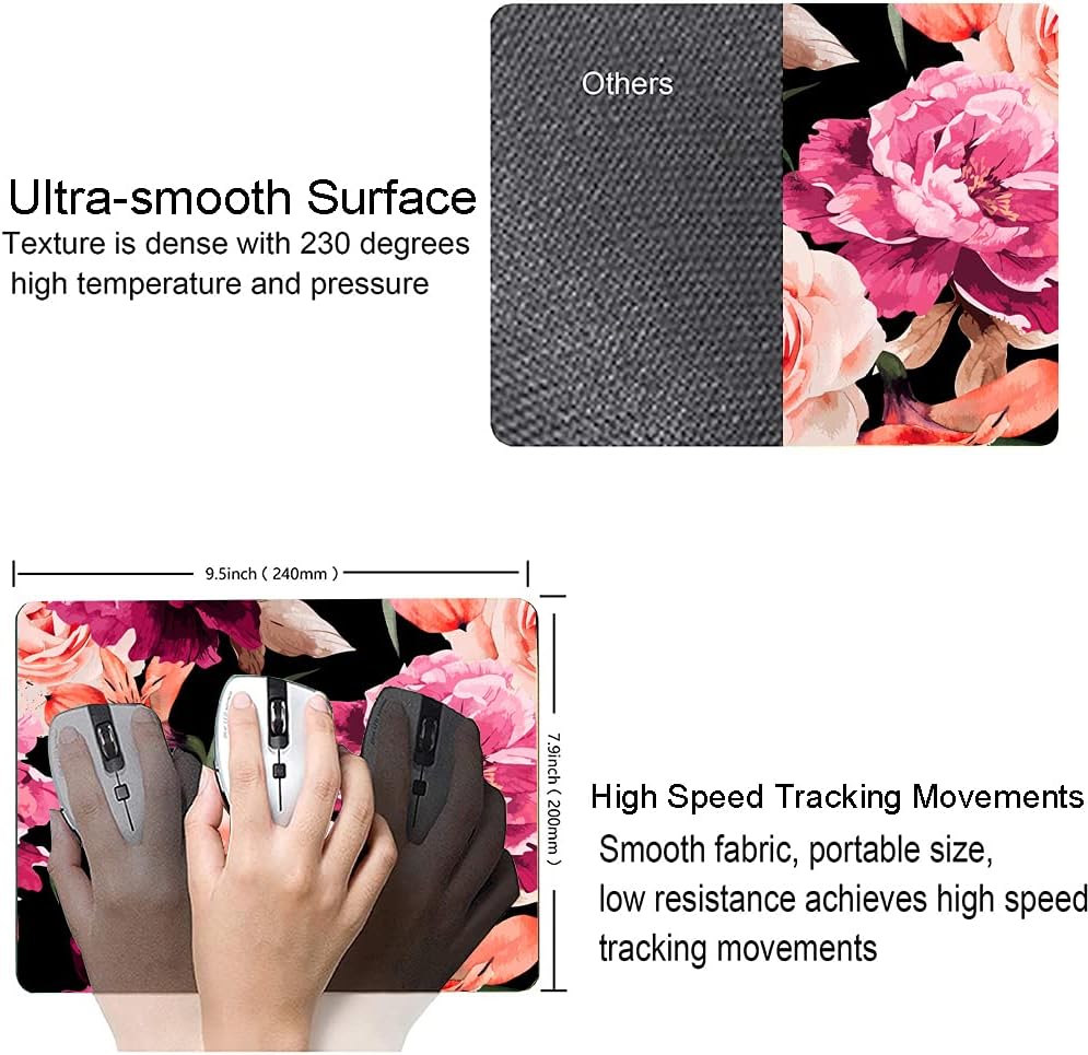 Watercolor Rose Flower Mouse Pad, Floral Mouse Pad Custom Design, Square Waterproof Mouse Pad Non-Slip Rubber Base MousePads for Office Laptop, 9.5x7.9x0.12 Inch
