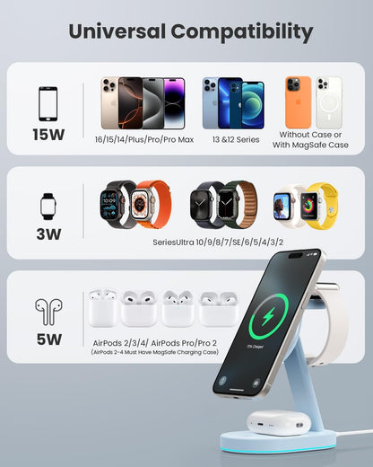 3 in 1 Wireless Charger Charging Station for iPhone,Qi2 Certified 15W Magnetic Charging Stand for Mag-Safe with 30W USB C Adapter&Friendly Night Light for iPhone 16/15/14/13/12,Apple Watch,AirPods