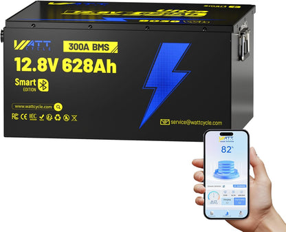 12V 628Ah LiFePO4 Lithium Battery, Built-in Bluetooth 5.0 & 300A BMS, Full Metal 8038Wh Energy, 15000+ Deep Cycles Batterys, Perfect for Home Energy, RV, Marine, Solar, Trolling Motor