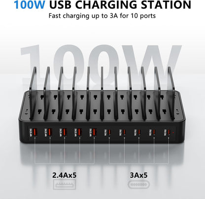 USB C Charging Station for Multiple Devices, 10-Port 100W Charging Dock, with Adjustable Dividers, USB-C Power Hub, Compatible with iPhone/Samsung/Google/Tablets/USB Devices (with 10 Cables)