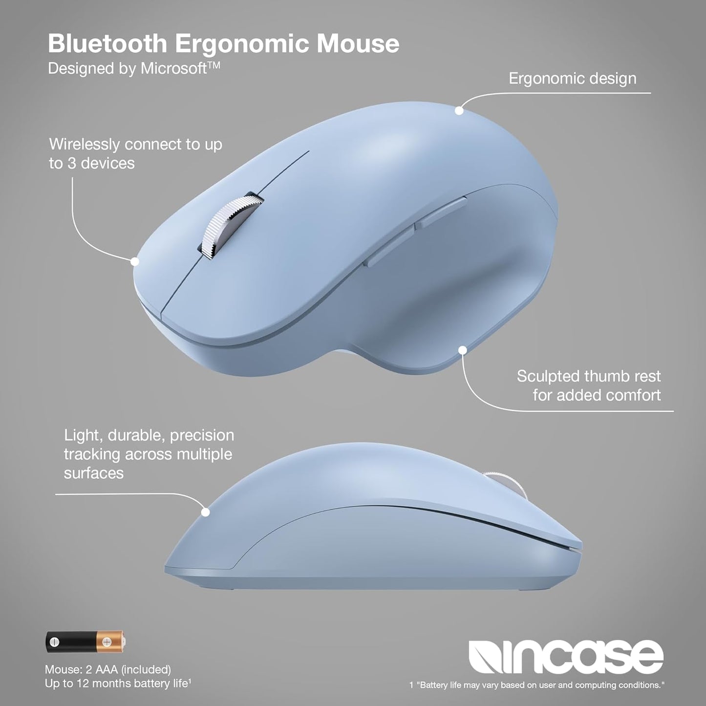 Incase Bluetooth Ergonomic Mouse – Designed by Microsoft – Two Thumb Buttons, Easy to Grip Thumb Rest, Precision Tracking, Connects 3 Devices, 15 Month Battery Life, PCs/Laptops (Pastel Blue)