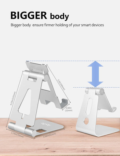 Cell Phone Stand for Desk, Adjustable Desktop Phone Holder Stand, Foldable Moblie Phone Dock for iPhone 15 14 13 12 11 Pro Xs Max Xr X 8 7 6 5 5s SE Nintendo Switch All Phones, Silver