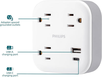 Philips EZFit 3-Outlet Surge Outlet Extender with USB, 1 USB-A, 1 Type-C, Adapter Spaced, Charging Station, 12W, 980 Joules, 2 Pack, White - SPP3605W/37