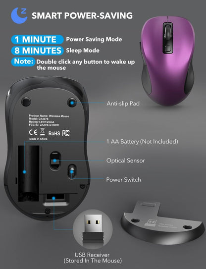 Trueque Wireless Mouse for Laptop, 2.4GHz Ergonomic Computer Mouse with Back & Forward Buttons, 3 Adjustable DPI Levels, 6 Buttons, Optical USB Cordless Mice for Windows Chromebook MacBook PC (Purple)