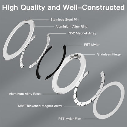 COOLQO Upgraded Magnetic Phone Ring Holder Stand, Super Magnet Cell Phone Grip Finger Kickstand Compatible with MagSafe Mag Safe Accessory for iPhone All Smartphones (1-Silver)