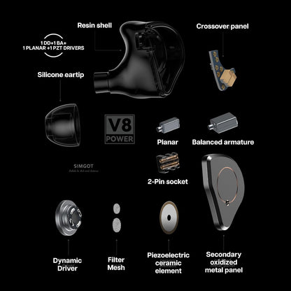 Linsoul SIMGOT SuperMix 4 1DD+1BA+1Planar+1PZT Hybrid Drivers Earphones, HiFi in Ear Monitor IEM, Wired Gaming Earbuds with OFC Silver-Plated Cable for Musician Audiophile