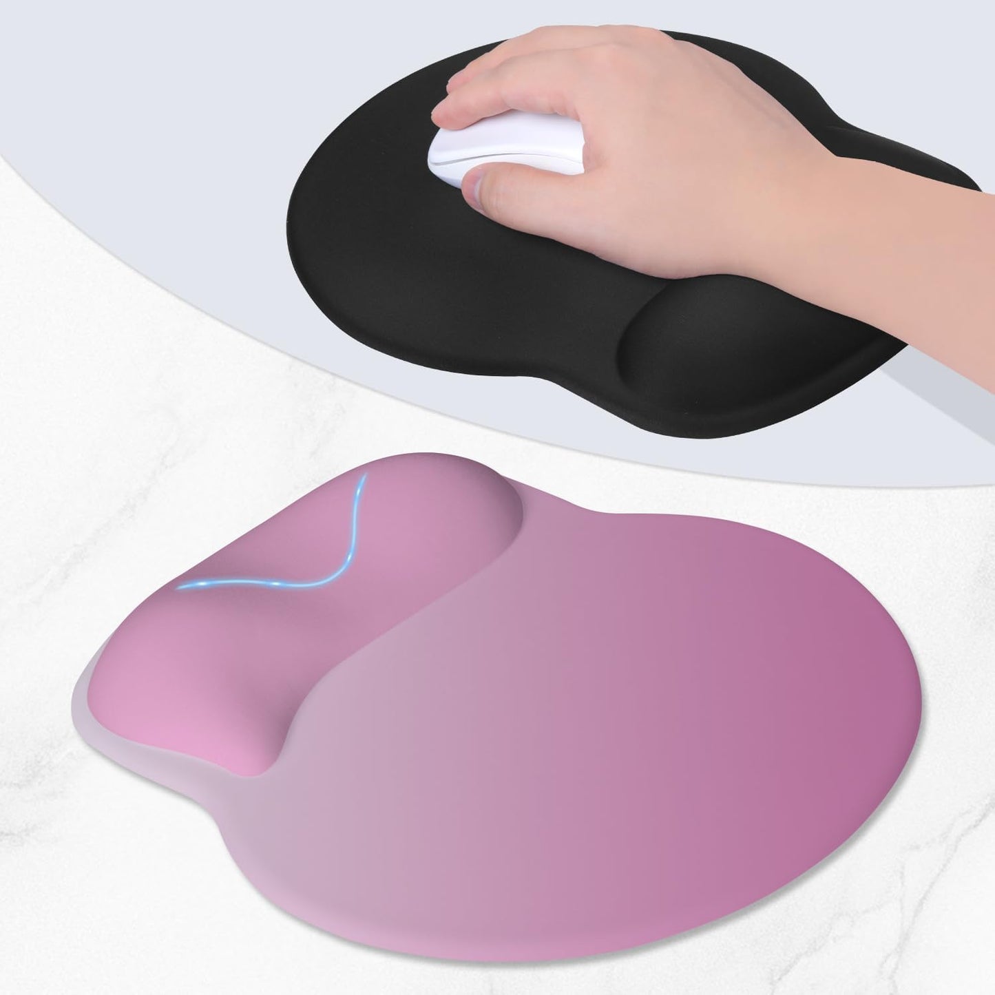 ITNRSIIET Ergonomic Mouse Pad with Wider Memory Foam Wrist Rest +17%, Curved Cushion Reduces Pressure 20%, Pain Relief, Non-Slip, Smooth, Cute Color Desk Accessory, 9.85 x 9 inch, Soft Pink Gradient