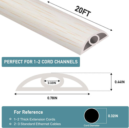 Floor Cord Cover Self Adhesive Cord Hider Floor Extension Cord Covers for Floor Power Cord Protector Cable Management Prevent Cable Trips Cable Cavity 0.32" W x 0.32" H (Beige Wood, 20Ft)