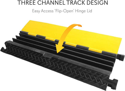 Pyle Durable Cable Protective Ramp Cover - Supports 33000lbs Three Channel Heavy Duty Cord Protection w/ Flip-Open Top Cover, 35.4” x 13.6” x 1.96” Cable Concealer for Indoor Outdoor Use PCBLCO105