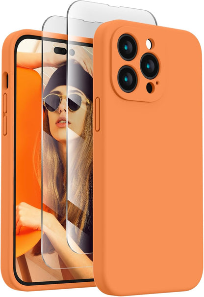 FireNova for iPhone 14 Pro Case, Silicone Upgraded [Camera Protection] Phone Case with [2 Screen Protectors], Soft Anti-Scratch Microfiber Lining Inside, 6.1 inch,Kumquat