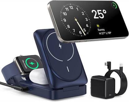 3-in-1 Wireless Charger Charging Station for iPhone, Qi2 Certified 15W Fast Charging Foldable Magnetic Charger Stand with 30W USB C Adapter for MagSafe iPhone 16/15/14/13/12, Apple Watch, AirPods