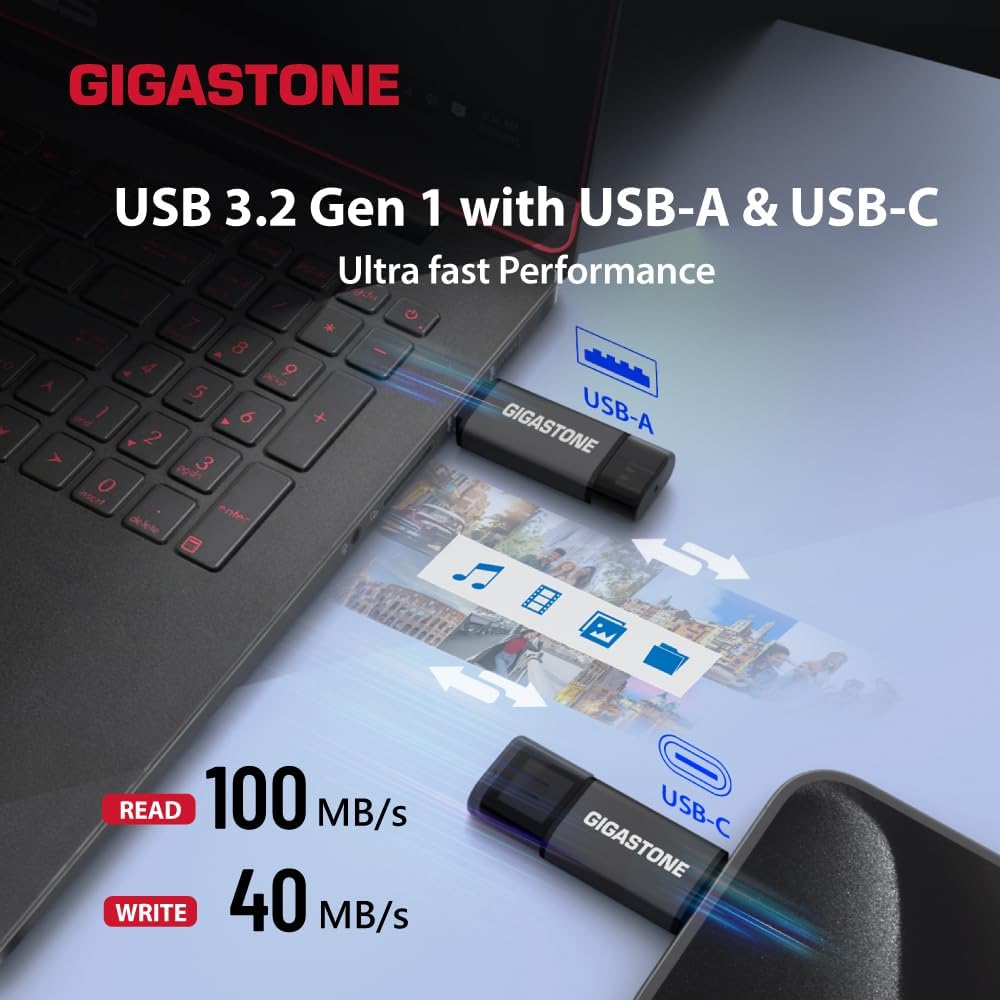 GIGASTONE 128GB Dual Flash Drive (2 Pack) Z40 USB 3.2 Gen 1, 2-in-1 Type-A & Type-C, 100MB/s Ultra Fast, Head Cap Design, Plug & Play for Smartphone/PC/Mac/TV/Car Audio, USB 2.0/3.0/3.1 Compatible