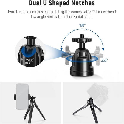 NEEWER Mini Metal Table Tripod with 360° Ball Head, Supports Vertical Recording and Handle, Portable Travel Tripod with 1/4 Inch Screw for Camera Mobile Phone Action Cam, Max. Load 3 kg, TP29