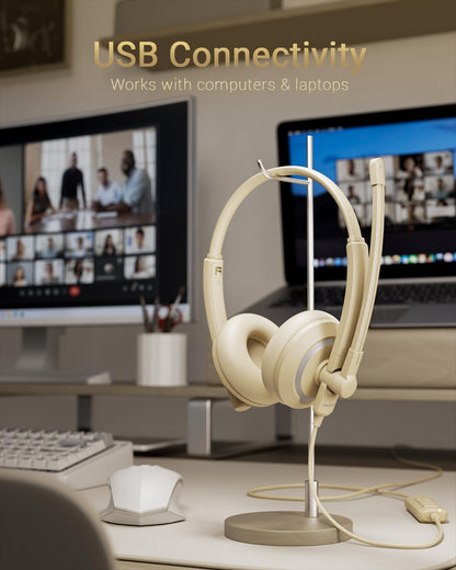 USB Headset with Microphone for PC Laptop - Headphones with Noise Cancelling Microphone for Computer,On-Ear Wired Office Call Center Headset for Boom Skype Webinars,Lightweight-Apricot
