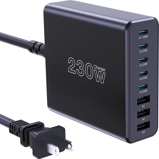 230W USB C Charging Station, Graaci Compact 8 Ports GaN Desktop Charger, PD 100W PPS 45W Super Fast Charger, Laptop Wall Charger Block for MacBook Pro, iPad, iPhone 15/14, Galaxy S24/S23, and More