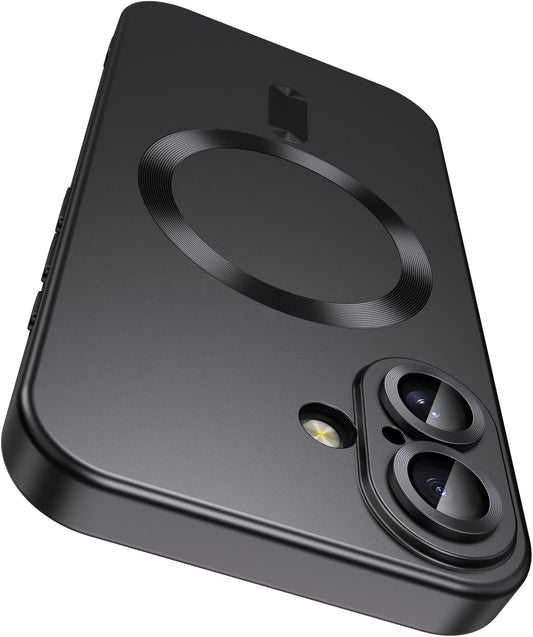 Magnetic for iPhone 16 Case [Compatible with MagSafe][Built-in Camera Lens Protector] Slim Soft Silicone Bumper Shockproof Metallic Luster Phone Case (Black)