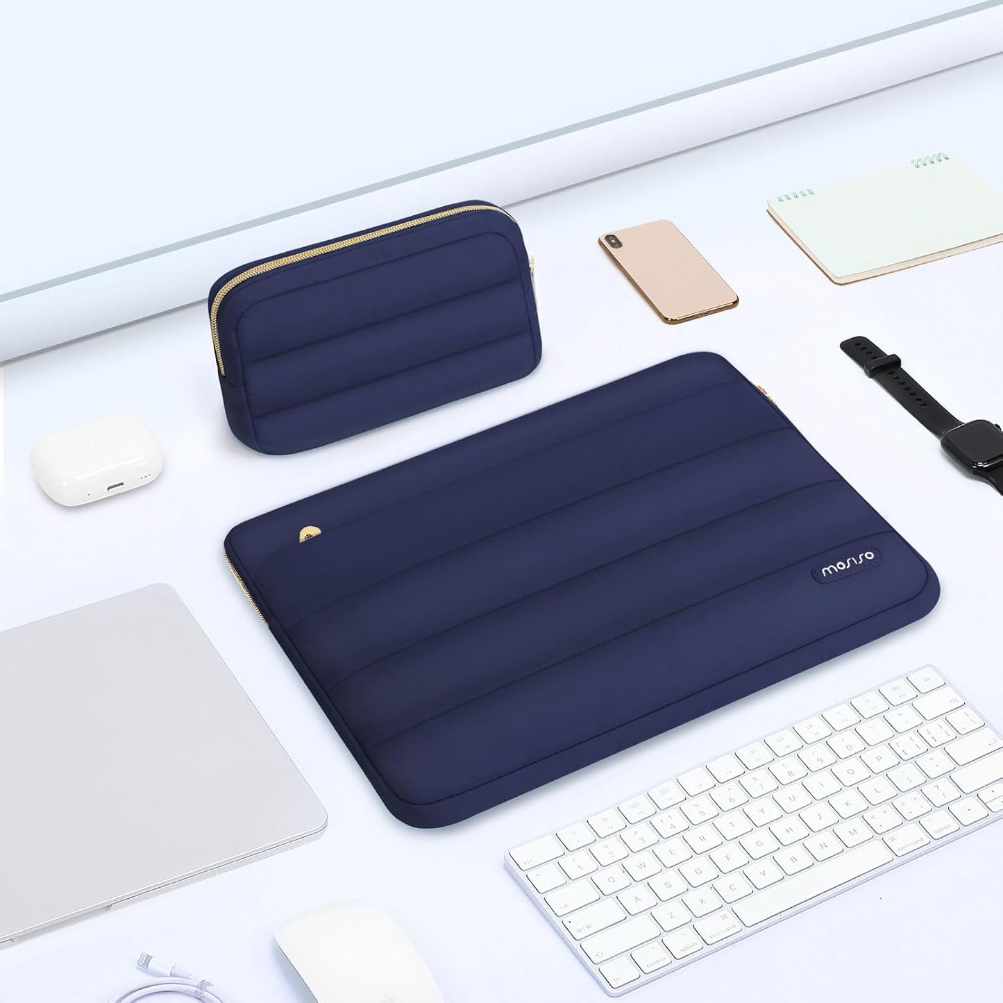 MOSISO 17-17.3 inch Laptop Case, 17.3 inch Puffy Laptop Sleeve Compatible with Dell XPS/HP Pavilion/Ideapad/Acer/Alienware/HP Omen Notebook Computer, Polyester Horizontal Bag with Small Case,Navy Blue