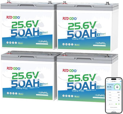Redodo Bluetooth 24V 50Ah TM Low-Temp LiFePO4 Battery, Smart Lithium Battery Built in 50Ah BMS, 10 Years Lifespan, Perfect for Trolling Motor, Marine, RV, Fishing Finder, Solar and Off Grid-4 Pack