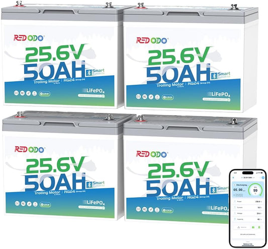 Redodo Bluetooth 24V 50Ah TM Low-Temp LiFePO4 Battery, Smart Lithium Battery Built in 50Ah BMS, 10 Years Lifespan, Perfect for Trolling Motor, Marine, RV, Fishing Finder, Solar and Off Grid-4 Pack