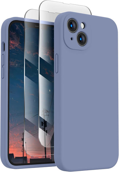 FireNova Designed for iPhone 13 Case, Silicone Upgraded [Camera Protection] Phone Case with [2 Screen Protectors], Soft Anti-Scratch Microfiber Lining Inside, 6.1 inch, Lavender Gray