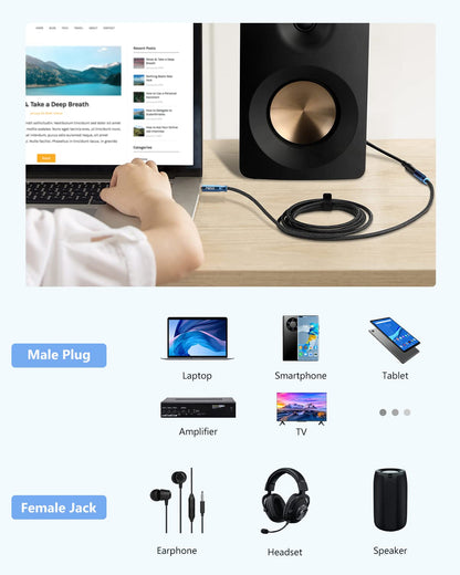 MillSO 3.5mm Headphone Extension Cable Nylon Braided (8 FT/2.4 M) 4 Pole TRRS Male to Female Stereo Aux Audio Extension Cable for PC Smartphone Speaker or More Devices - [Seablue Young Series]