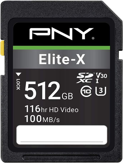 PNY 512GB Elite-X Class 10 U3 V30 SDXC Flash Memory Card - 100MB/s, Class 10, U3, V30, 4K UHD, Full HD, UHS-I, Full Size SD (Pack of 1)