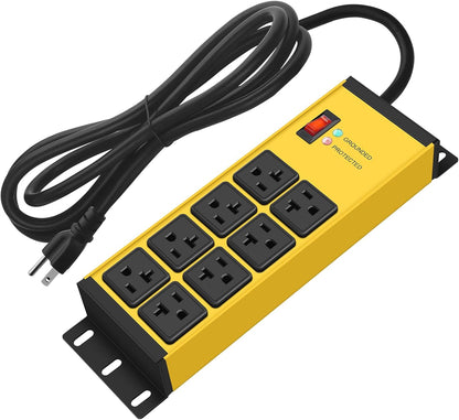 CCCEI Yellow Heavy Duty Power Strip Surge Protector 20 AMP, 8 Outlets 12 Gauge Industrial Shop Garage Metal Multiple Outlets, 25 FT Extension Cord 5-15P Adapter High Amp 6-20R T-Slot 20a for Appliance