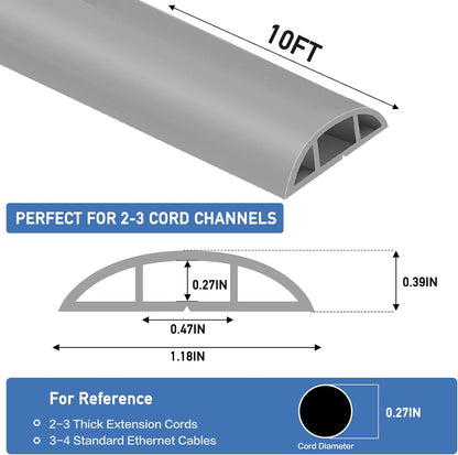 Floor Cord Cover Self Adhesive Cord Hider Floor Extension Cord Covers for Floor Power Cord Protector Cable Management Prevent Cable Trips Cable Cavity 0.47" W x 0.27" H (Grey, 10Ft)