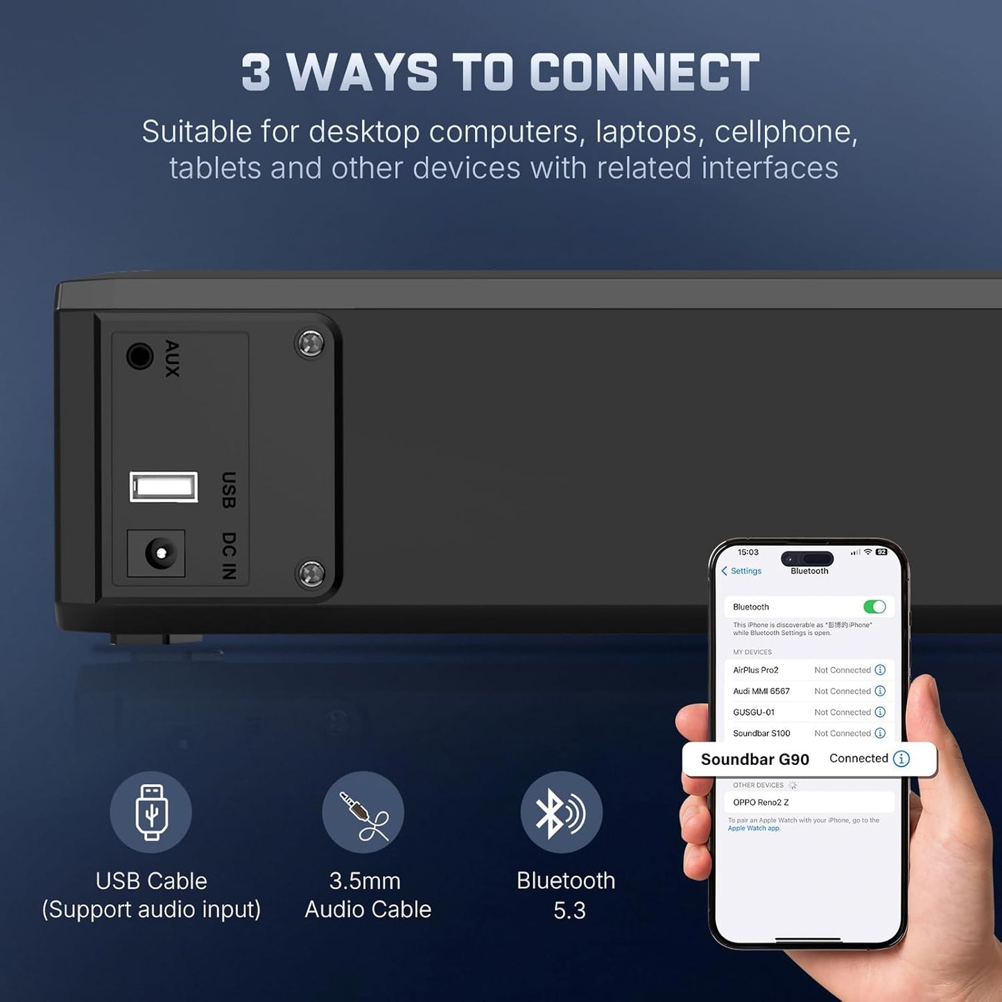 Wohome 2.1 Computer Speakers for Desktop PC, Bluetooth 5.3 PC Sound Bar with 7 RGB Light Modes, DC Powered Laptop Gaming Speakers with 3.5mm AUX-in/USB Connected for Projector, Tablet